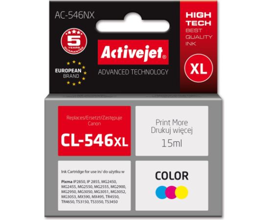 Activejet AC-546NX Printer Ink for Canon, Replacement Canon CL-546XL; Supreme; 15 ml; colour, cyan, magenta, yellow