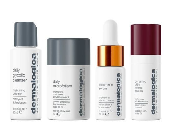 Expertise On The Go Set Dermalogica:  Daily Glycolic, Cleansing, Cleansing Gel, For Face, 30 ml + Daily Microfoliant, Exfoliating, Exfoliating Powder, 13 g + Biolumin-C, Vitamin C, Brightening, Serum, For Face, 10 ml + Dynamic Skin, Retinol, Anti-Wrinkle,