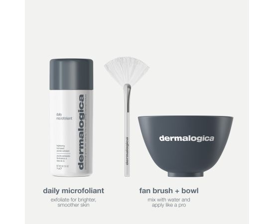 Smooth + Brighten Set Dermalogica: Daily Microfoliant, Exfoliating, Exfoliating Powder, 74 g + Masque Fan, Multi Face Brush + Dermalogica, Plastic Colour Mixing Bowl, Grey Unisex