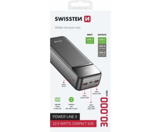 Swissten Power Line II Power Bank Ārējas Uzlādes Baterija 30000 mAh