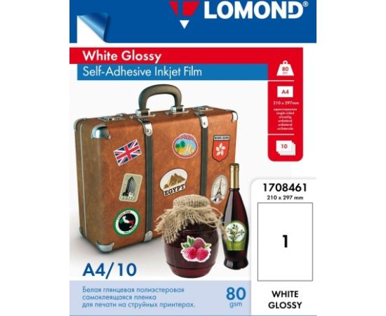 Lomond PET Film for inkjet printers, White Glossy, Self-Adhesive A4, 10 sheets