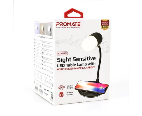 PROMATE LumiQi LED Galda Lampa ar Bezvadu uzlādi un Bluetooth skaļruni