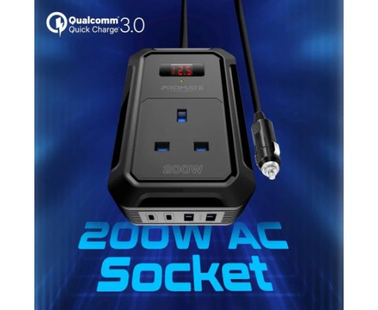 Promate Inverto-200W Автомобильный инвертор DC-AC 11-17V 200W / USB-C PD65W