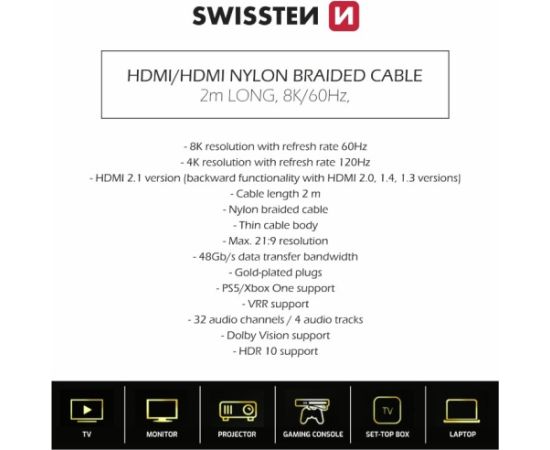 Swissten HDMI uz HDMI 8K Vads 2m