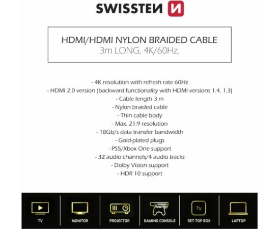 Swissten HDMI uz HDMI 4K Vads 3m