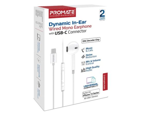 Promate MonoPod Dynamic Mono In-Ear Vadu Austiņas USB-C / 1.2m