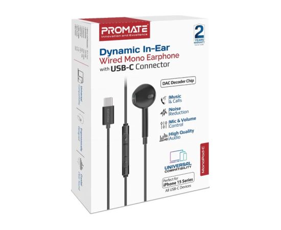 Promate MonoPod Dynamic Mono In-Ear Vadu Austiņas USB-C / 1.2m