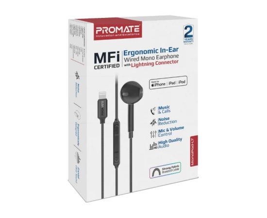 Promate MonoPod Ergonomic Mono MFI Certified In-Ear Vadu Austiņas Lightning  / 1.3m