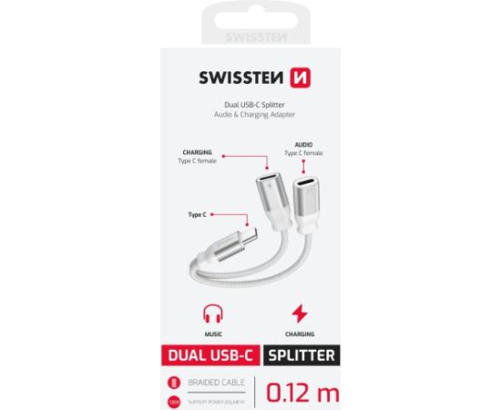 Swissten Textile USB-C Audio Charging Адаптер 2x USB-C 0.12m