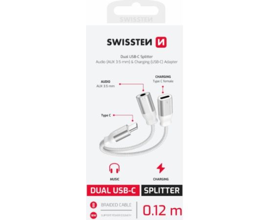 Swissten Textile USB-C / USB-C / Aux 3.5mm Charging Audio Адаптер 0.12m