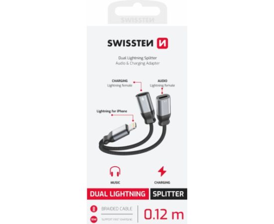 Swissten Textile Lightning Audio Charging Адаптер 2x Lightning 0.12m