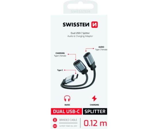 Swissten Textile USB-C Audio Charging Адаптер 2x USB-C 0.12m