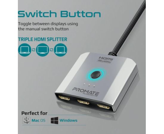 Promate MediaSwitch-H3 3-in-1 HDMI Switch 4K@60Hz / 0,5m