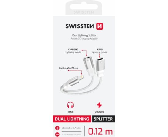 Swissten Textile Lightning Audio Charging Adapteris 2x Lightning 0.12m