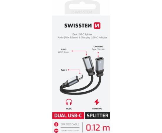 Swissten Textile USB-C / USB-C / Aux 3.5mm Charging Audio Адаптер 0.12m