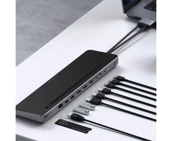 Satechi Dual Dock Stand MacBook  USB-C (USB-C PD 75W, 2x USB-C 5Gbps i 10 Gbps, 2x HDMI 2.0, 1x DisplayPort 1.4, 2x USB-A 5Gbps i 10 Gbps, Gigabit Ethernet, 1x M.2 SATA/NVMe SSD Port)