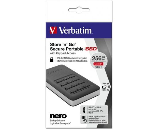 Verbatim External SDD 256GB Store & Go G1 2.5inch  USB3.1 Black Secure Portable