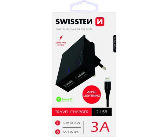 Swissten Premium Зарядное устройство USB 3А / 15W С проводом Lightning (MD818) 120 см Черное