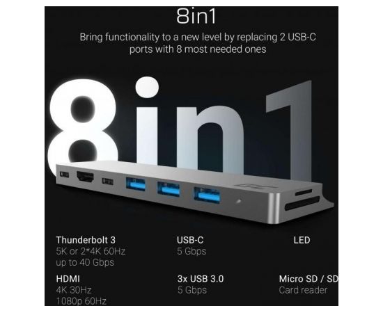 Adapter Green Cell HUB Connect60 8w1 (Thunderbolt 3, USB-C, HDMI, 3x USB 3.0)