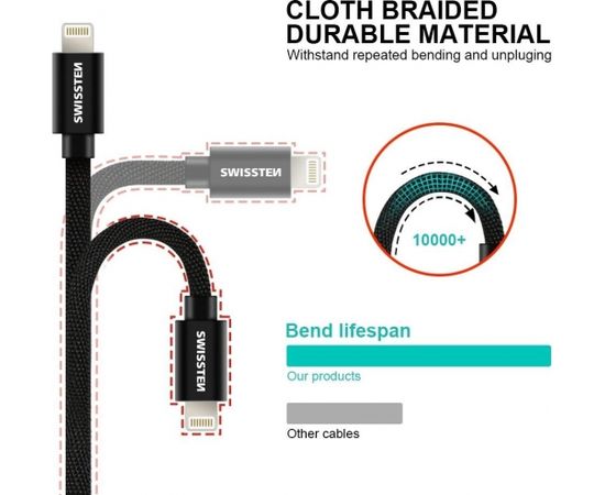 Swissten Textile Universāls Quick Charge 3.1 USB-C uz Lightning Datu un Uzlādes Kabelis 1.2m Sudraba