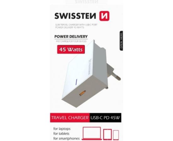 Swissten Premium 45W Tīkla Lādētājs USB-C PD 3.0: 5V / 3A / 9V / 2A, 12V / 1.5A Balts