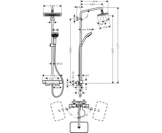 Hansgrohe dušas sistēma ar termostatu Croma E 280 1jet/Croma Select E Multi, hroms