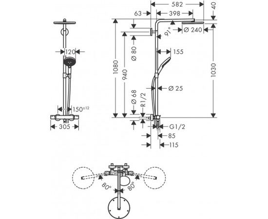 Hansgrohe dušas sistēma ar dušas termostatu Raindance Select S 240 1jet P/Raindance Select S 120 3jet P, hroms