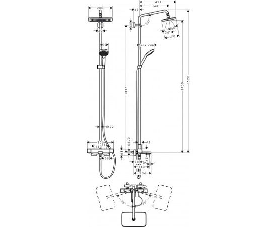 Hansgrohe dušas sistēma ar vannas termostatu Croma E 280 1jet/Croma Select E Multi, hroms