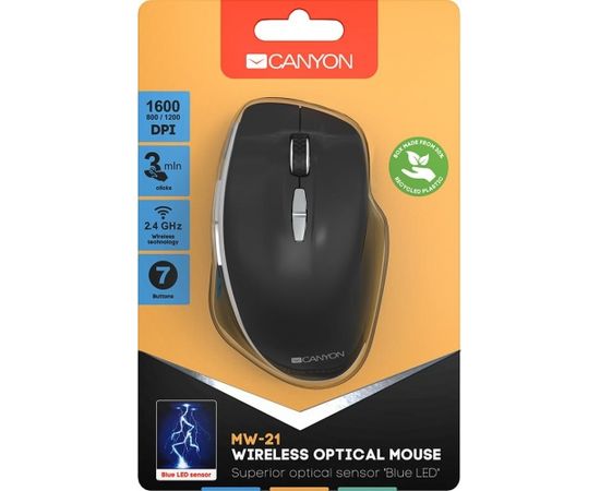 Canyon  2.4 GHz  Wireless mouse ,with 7 buttons, DPI 800/1200/1600, Battery: AAA*2pcs,Black,72*117*41mm, 0.075kg