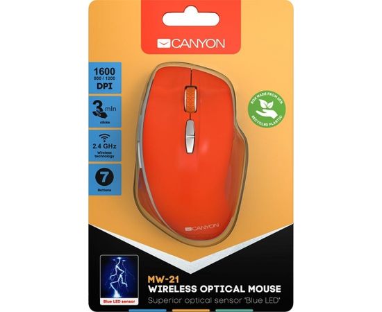 Canyon  2.4 GHz  Wireless mouse ,with 7 buttons, DPI 800/1200/1600, Battery:AAA*2pcs  ,Red 72*117*41mm 0.075kg